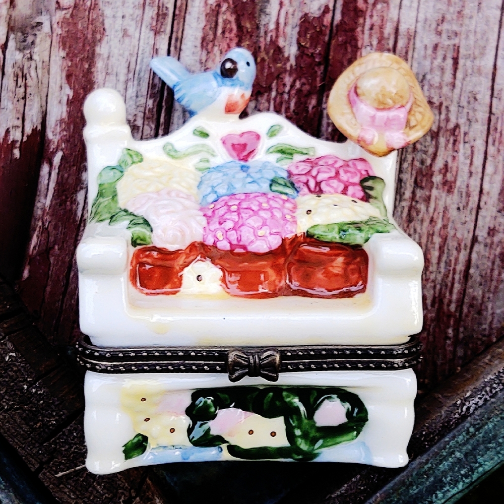 Vintage Ceramic Garden Themed Miniature Bench Box